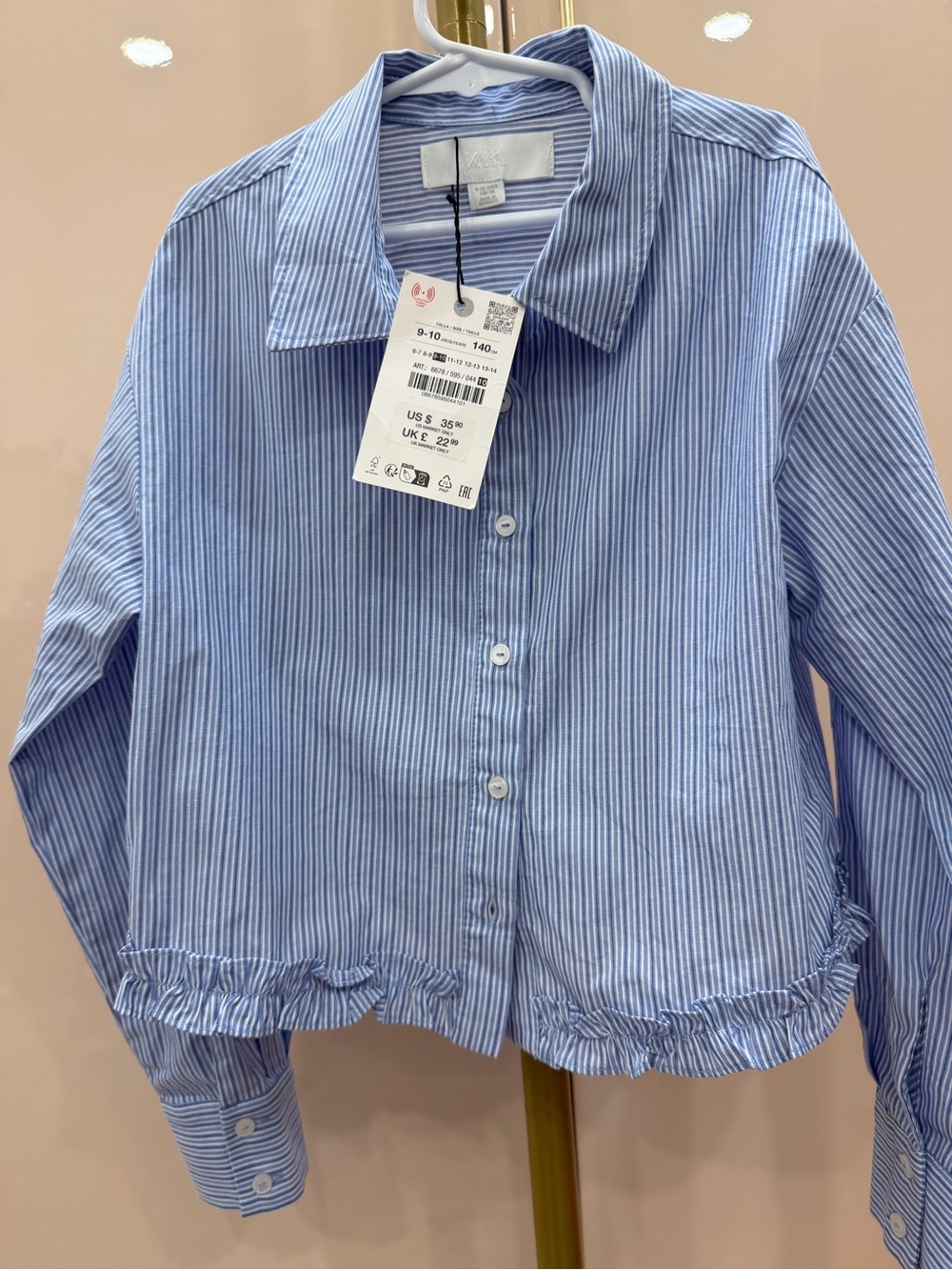 Girls Zara Blue & White Striped Button-Down Shirt size 9-10 | NWT